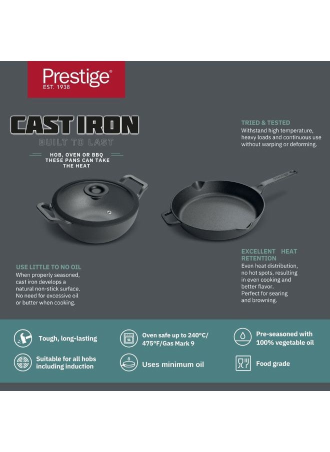 Prestige Prestige Pre-Seasoned Cast Iron Cookware Set - 24Cm Kadai W/L & 26Cm Frypan | Set Combo Offer for Kitchen | Iron Utensils for Cooking | Induction Cookware Set, Black, PR49083  - Image 3