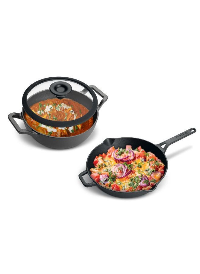 Prestige Prestige Pre-Seasoned Cast Iron Cookware Set - 24Cm Kadai W/L & 26Cm Frypan | Set Combo Offer for Kitchen | Iron Utensils for Cooking | Induction Cookware Set, Black, PR49083  - Image 1
