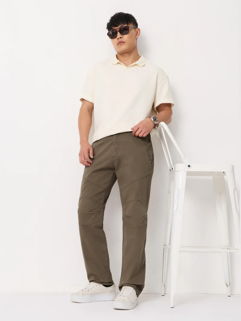 The Souled Store  The Souled Store: Aviator Pants: Dark Khaki Men and Boys Solid Cotton Twill Elastane Blend Straight Fit Reinforced Knee Panels Trousers  | Best Price UAE