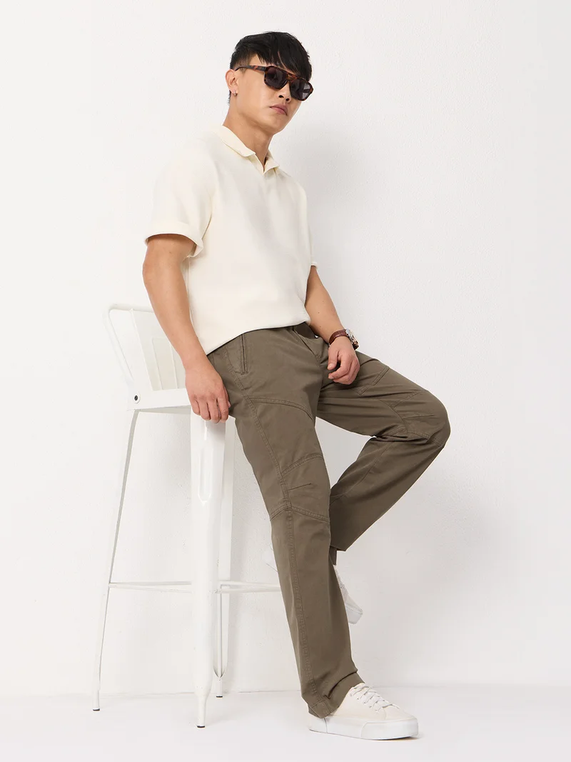 The Souled Store: Aviator Pants: Dark Khaki Men and Boys Solid Cotton Twill Elastane Blend Straight Fit Reinforced Knee Panels Trousers