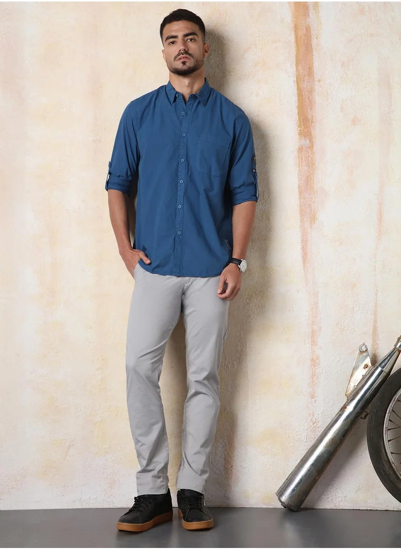 HIGH STAR Men's Blue 100% Cotton Solid Button Down Regular Fit Shirt