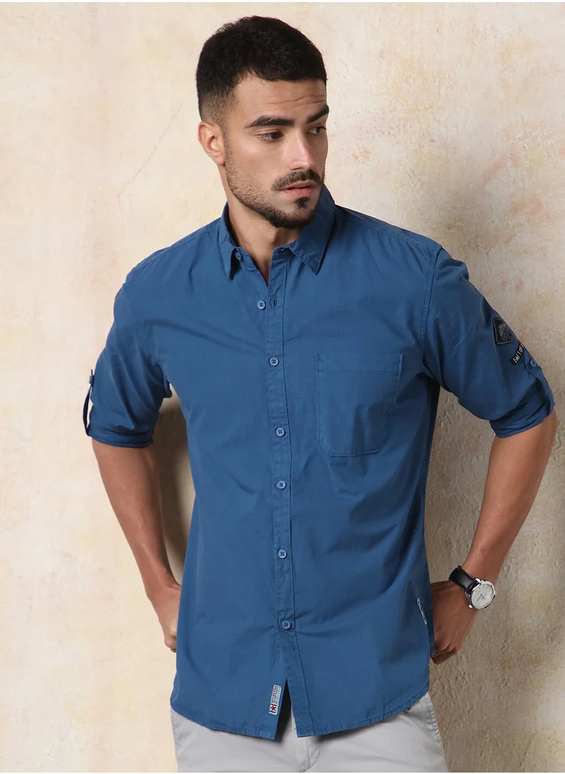 HIGH STAR Men's Blue 100% Cotton Solid Button Down Regular Fit Shirt