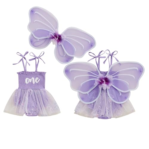 Dcohmch Fairy 1st Birthday Girl Outfit Tieup Tull Romper Dress with Butterfly Wings Cake Smash Photo Shoot Clothes Purple 1218 Months - Image 1