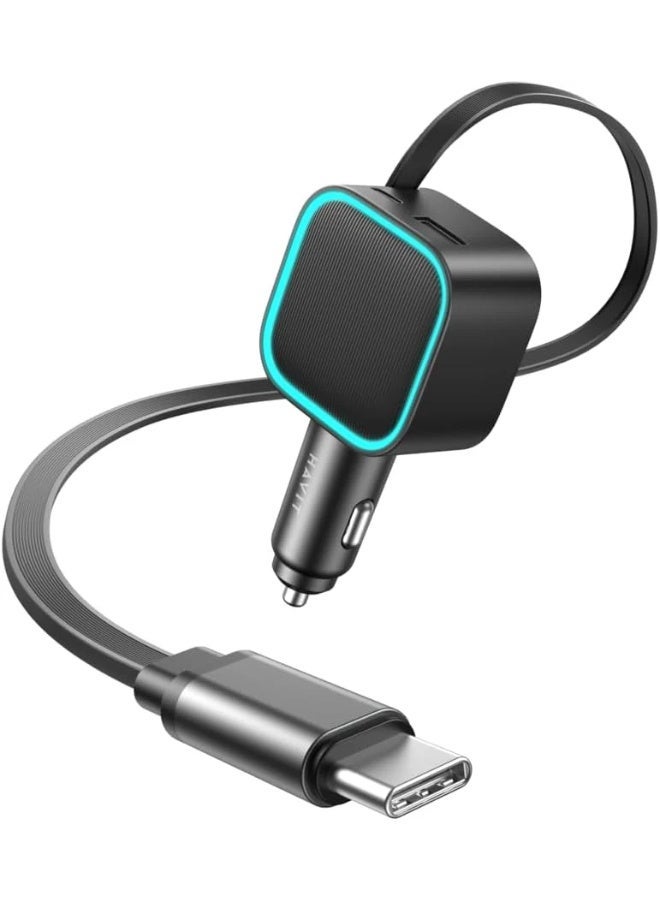 هافيت CC2040 شاحن سيارة سريع 45 واط مع كابل USB-C قابل للسحب، شحن 3 أجهزة في نفس الوقت، تقنية PD للشحن السريع، تصميم مدمج ومحمول للهواتف الذكية والأجهزة اللوحية