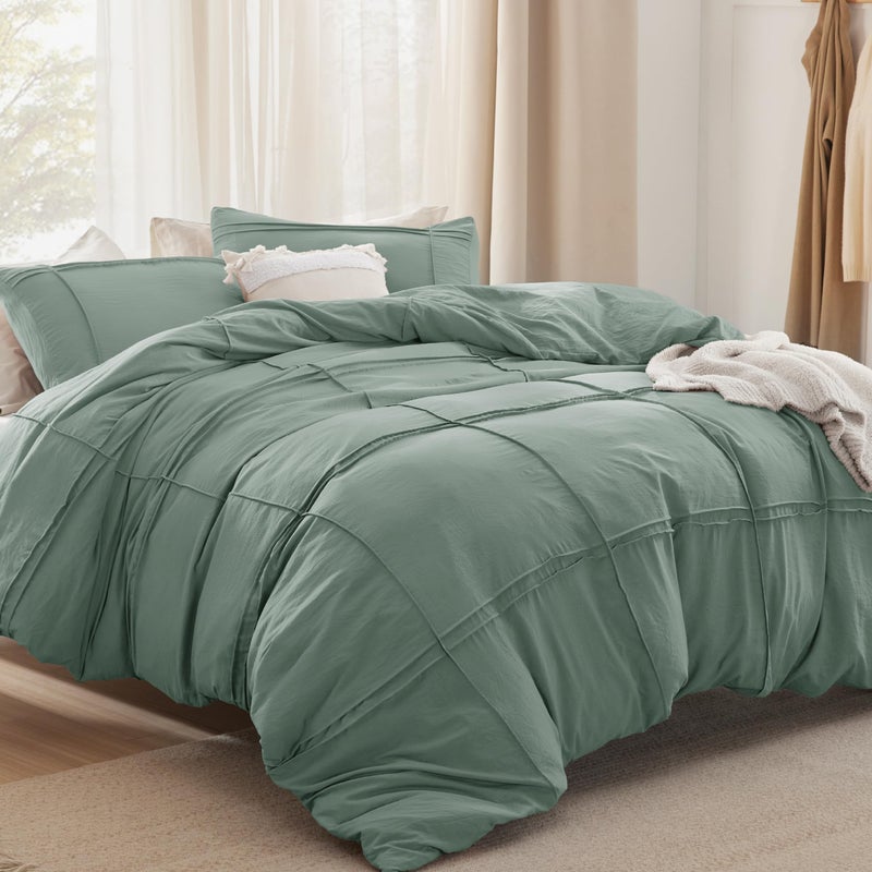 Bedsure Grid Boho 3 Pcs Duvet Cover Set King Size, Shabby Chic Tufted Boho Bedding Set, Includes 1 King Duvet Cover (265 cm x 230 cm) & 2 Pillowcases (50 cm x  90 cm), Green - Image 2