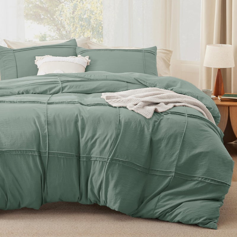 Bedsure Grid Boho 3 Pcs Duvet Cover Set King Size, Shabby Chic Tufted Boho Bedding Set, Includes 1 King Duvet Cover (265 cm x 230 cm) & 2 Pillowcases (50 cm x  90 cm), Green - Image 1