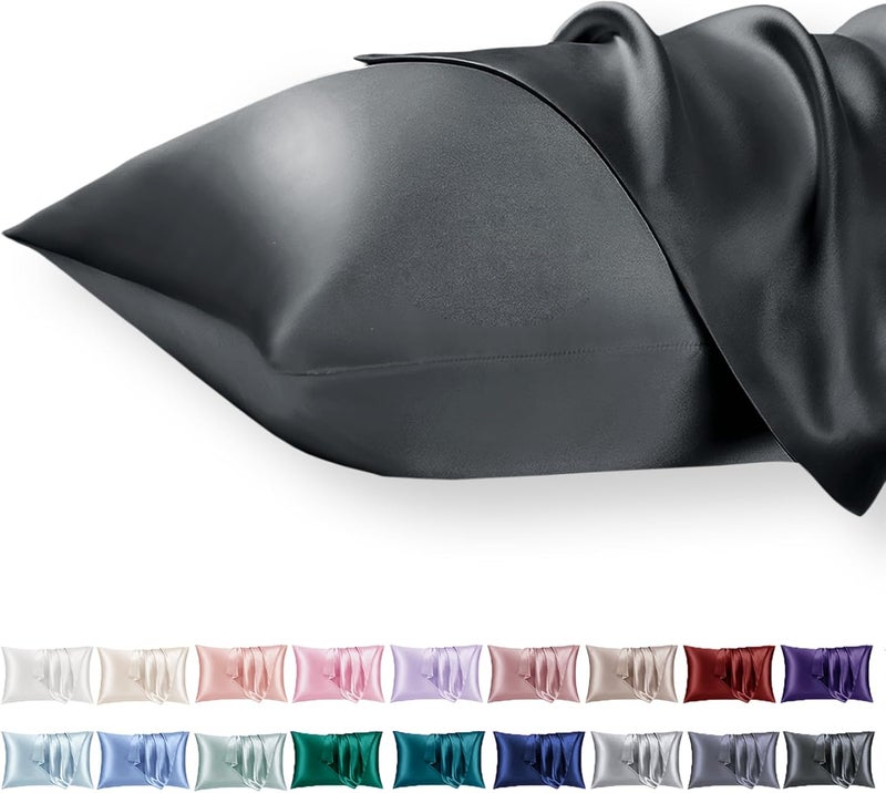 Vielit Satin Cushion Cover, 50 x 70 cm, Set of 2, Soft as a Silk Pillowcase, Like Silk Pillowcase Suitable for Curly Hair, Satin Pillowcase with Zip, Cushion Covers, Dark Grey Cushion Cover - Image 1