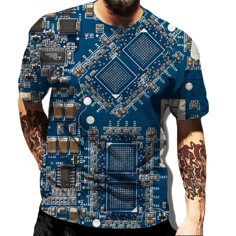 Men's Fashion 3D cool electronic components digital printing trend short sleeve T-shirt summer - Image 1