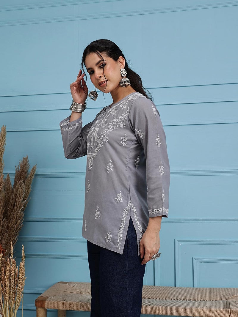 Ada Hand Embroidered Lucknow Chikankari Pure Cotton Short Top Kurti for Women M534584 Grey - Image 4