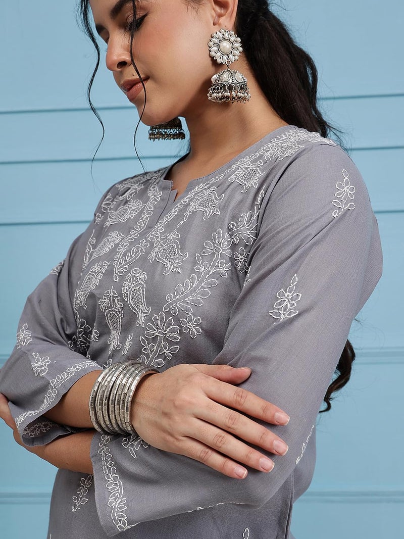 Ada Hand Embroidered Lucknow Chikankari Pure Cotton Short Top Kurti for Women M534584 Grey - Image 5