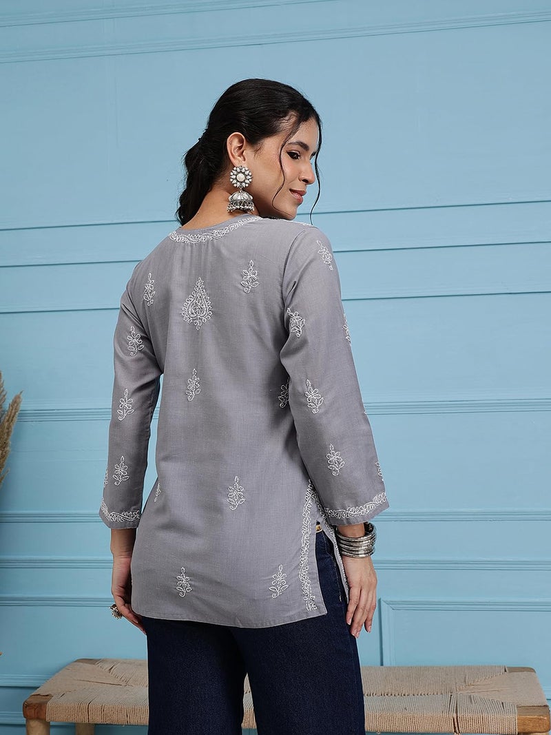 Ada Hand Embroidered Lucknow Chikankari Pure Cotton Short Top Kurti for Women M534584 Grey - Image 2