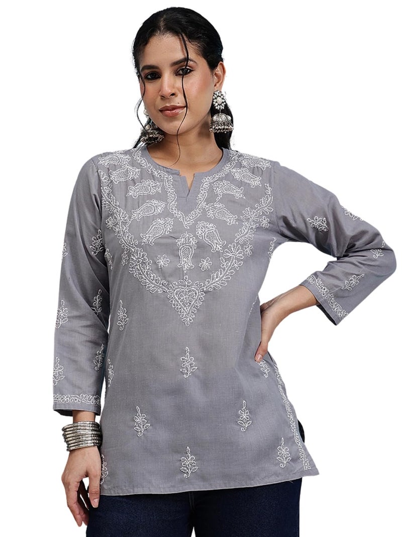 Ada Hand Embroidered Lucknow Chikankari Pure Cotton Short Top Kurti for Women M534584 Grey - Image 1