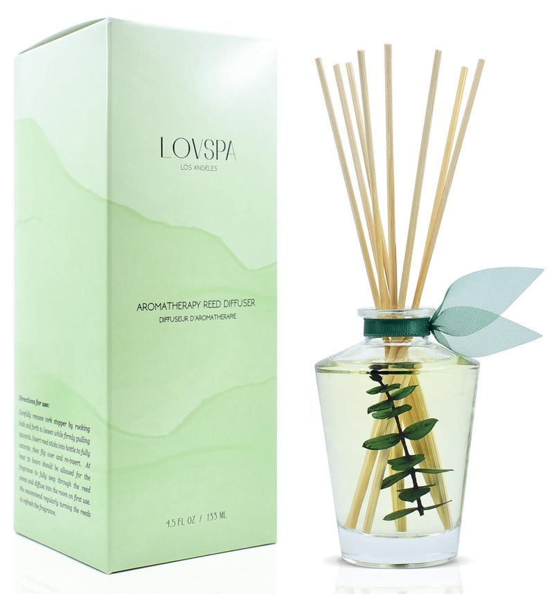 LOVSPA Cleanse Eucalyptus Sage Reed Diffuser Oil and Sticks Gift Set with Real Leaves Eucalyptus Sage Peppermint Thyme Bergamot and Lime Essential Oils