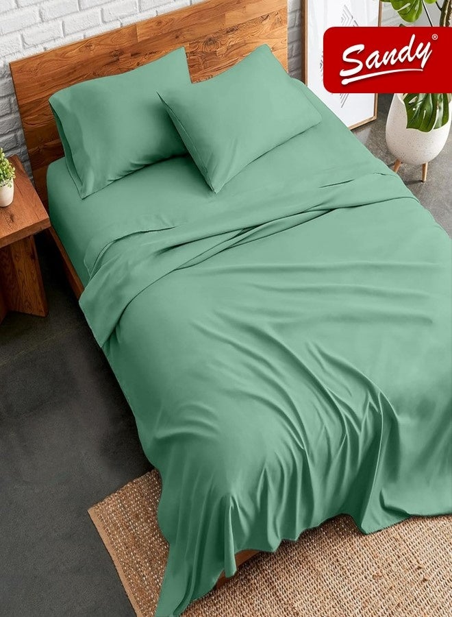 ساندي طقم شراشف سرير ساندي فاخر بجودة الفنادق شرشف مسطح وشرشف مطاط مع أغطية وسائد، طقم من أربعة قطع، شديد النعومة وجيد التهوية وبارد, مقاس نفر ونص دبل (205 × 243 سم & 140 × 200 +30 سم), أخضر - Image 1