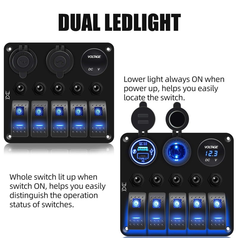 FXC Waterproof Marine Boat Blue Rocker Switch Panel 5 Gang with QC3.0 USB & Type-C Slot Socket + Cigarette Lighter +LED Voltmeter with Overload Protection Circuit Breaker for Car Rv Vehicles Truck - Image 3