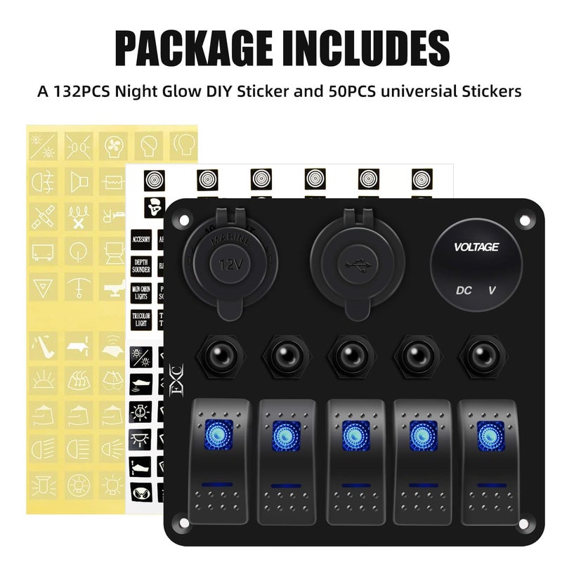 FXC Waterproof Marine Boat Blue Rocker Switch Panel 5 Gang with QC3.0 USB & Type-C Slot Socket + Cigarette Lighter +LED Voltmeter with Overload Protection Circuit Breaker for Car Rv Vehicles Truck - Image 4