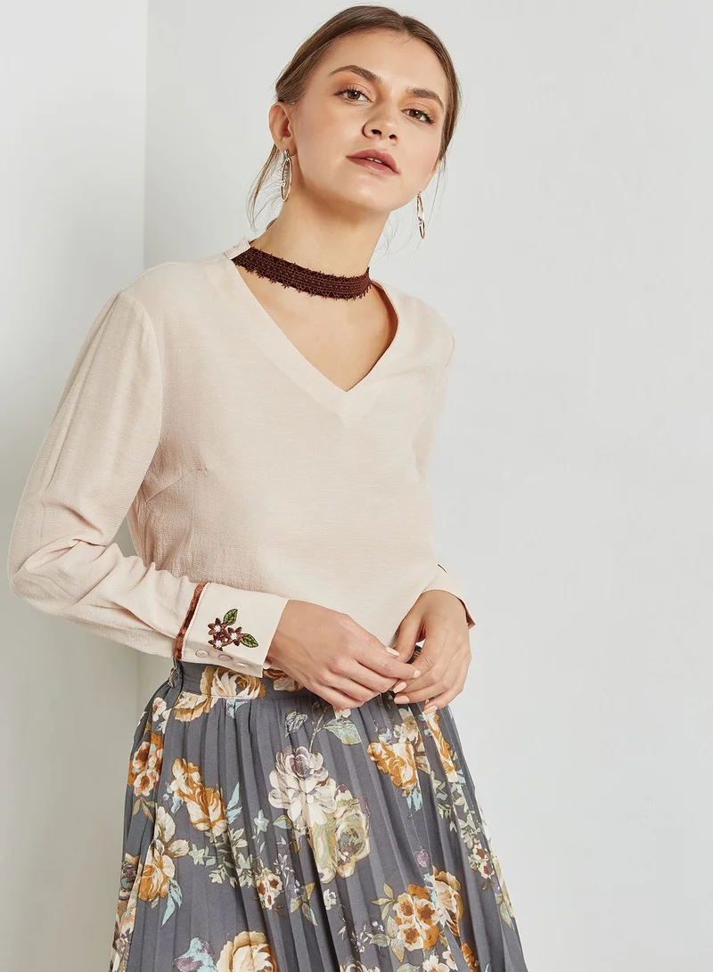 ELLA Embroidered Cuffed Choker Top
