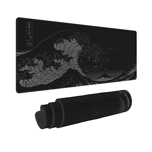 Gianlaima Japanese Black The Great Wave Off Kanagawa Painting Mouse Pad XL Extended Desk Mat, Non Slip Rubber Base Stitched Edge Gaming Pc Desktop Large Mice Pad,31.5 x 11.8 Inch - Image 1
