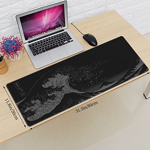 Gianlaima Japanese Black The Great Wave Off Kanagawa Painting Mouse Pad XL Extended Desk Mat, Non Slip Rubber Base Stitched Edge Gaming Pc Desktop Large Mice Pad,31.5 x 11.8 Inch - Image 3