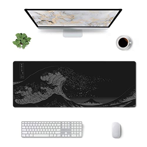 Gianlaima Japanese Black The Great Wave Off Kanagawa Painting Mouse Pad XL Extended Desk Mat, Non Slip Rubber Base Stitched Edge Gaming Pc Desktop Large Mice Pad,31.5 x 11.8 Inch - Image 2