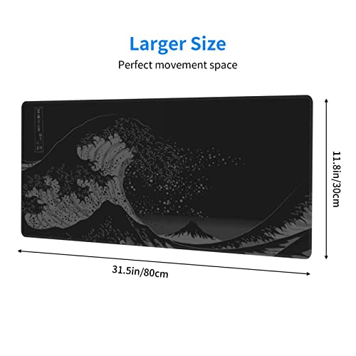 Gianlaima Japanese Black The Great Wave Off Kanagawa Painting Mouse Pad XL Extended Desk Mat, Non Slip Rubber Base Stitched Edge Gaming Pc Desktop Large Mice Pad,31.5 x 11.8 Inch - Image 5