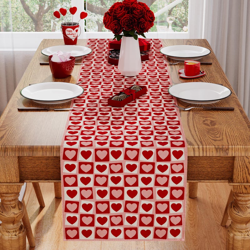 Siilues Valentines Table Runner, Red Pink Love Hearts 220 GSM Valentines Day Table Runner Anniversary Wedding Home Party Decor Kitchen Dining Decoration 13x72 Inch - Image 2