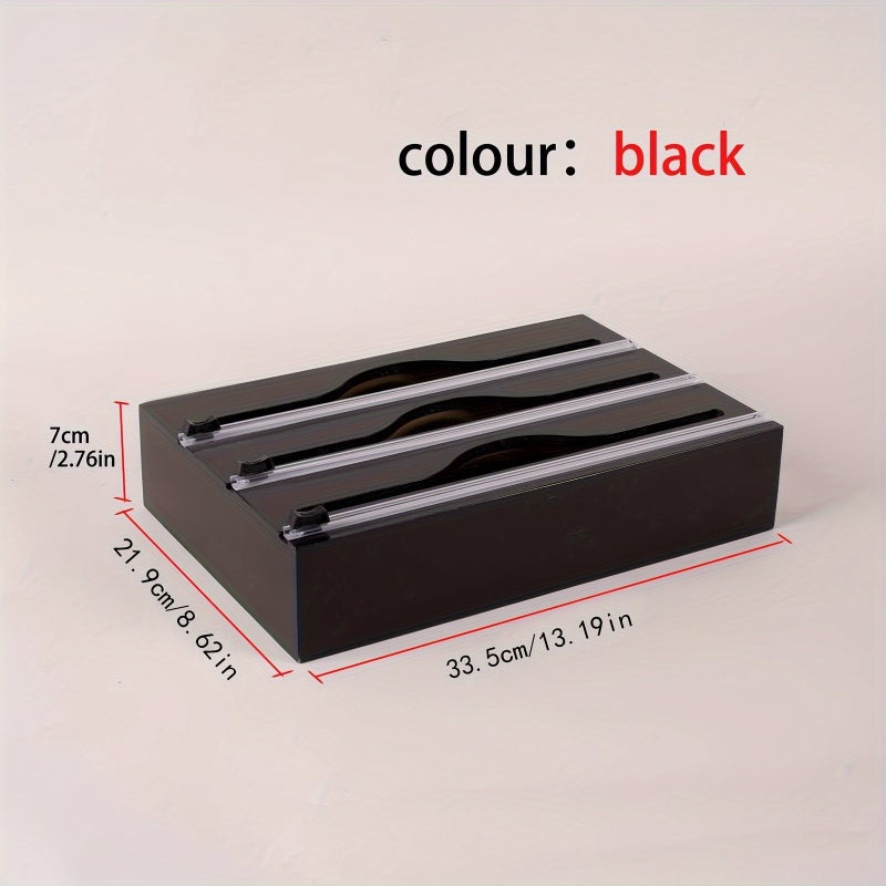 1pc bamboo cling film three grid cutter, kitchen countertop wall mounted multifunctional storage box, for roll foil, cling film, plastic packaging, foil organizer, aluminum foil wax, parchment paper, wax paper, natural colors, black, white, brown, Storage Bins for Home Organization - Image 1