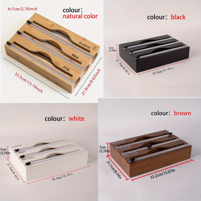 1pc bamboo cling film three grid cutter, kitchen countertop wall mounted multifunctional storage box, for roll foil, cling film, plastic packaging, foil organizer, aluminum foil wax, parchment paper, wax paper, natural colors, black, white, brown, Storage Bins for Home Organization - Image 5
