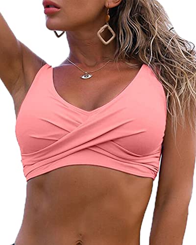 Fanuerg Women Bikini Top Padded Push Up Swimsuit Top V Neck Twist Front Swim Bathing Suit Tops Only Coral Pink M - Image 1