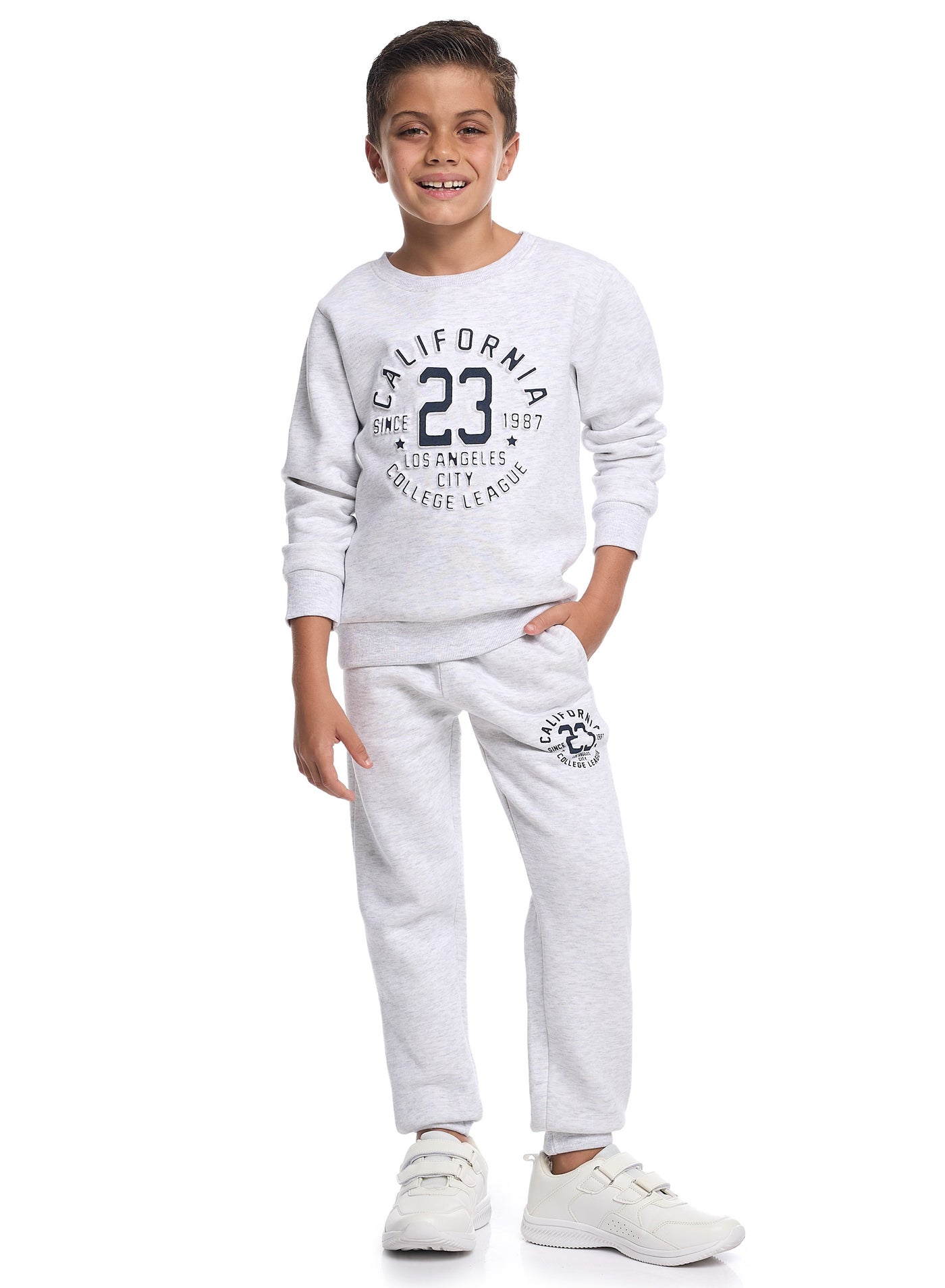 victor and jane Boys’ Trendy Winter Co-ord Set – California Print in Soft Grey Melange