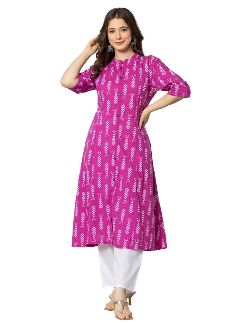 rytras Women's Cotton Printed A-Line Kurta(RYT575,Pink,S) - Image 1