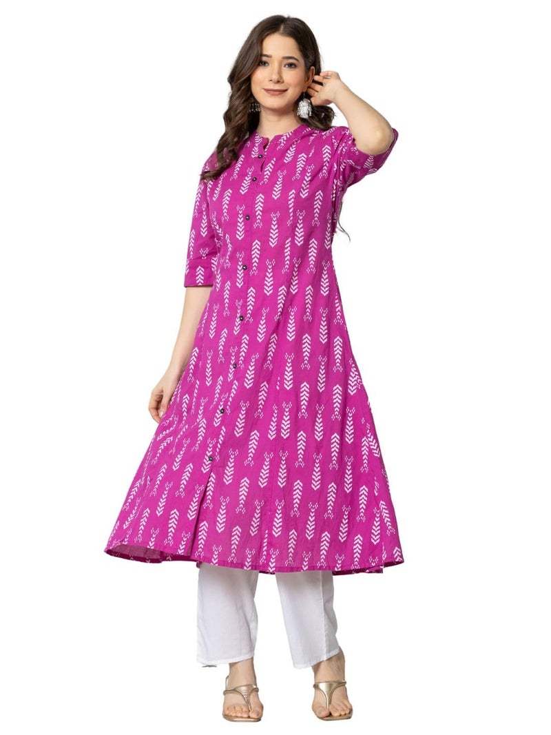 rytras Women's Cotton Printed A-Line Kurta(RYT575,Pink,S) - Image 3