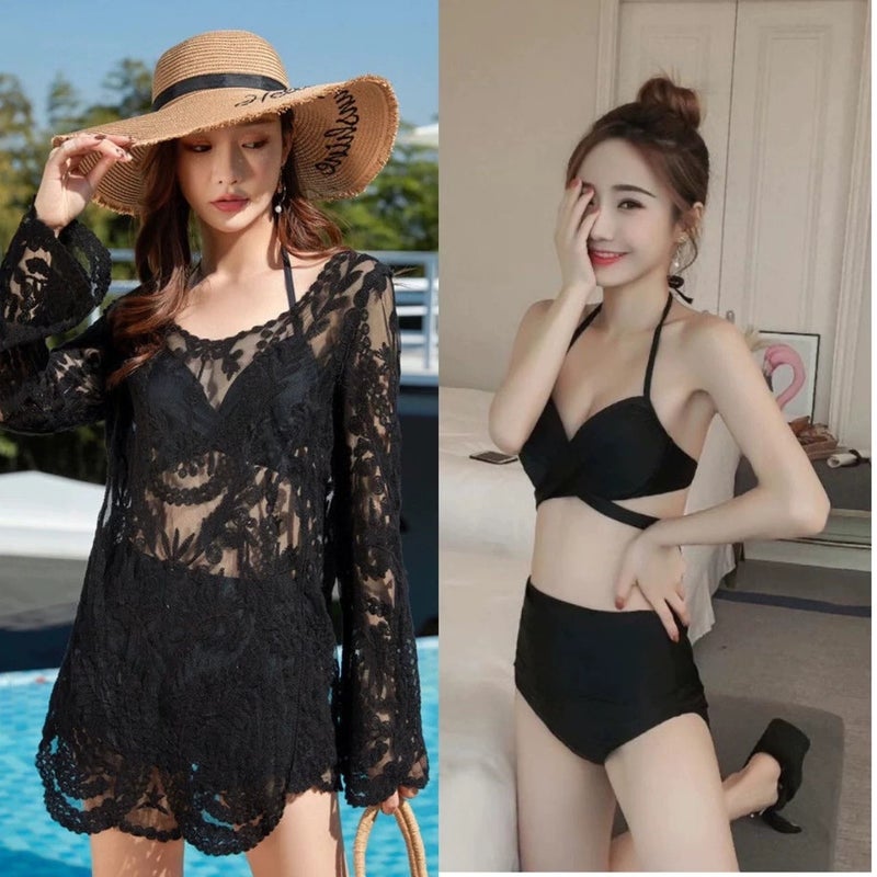 New three-piece bikini blouse, seaside vacation, hot spring swimsuit, women's belly covering, slimming, sunscreen mesh outer wear - Image 3