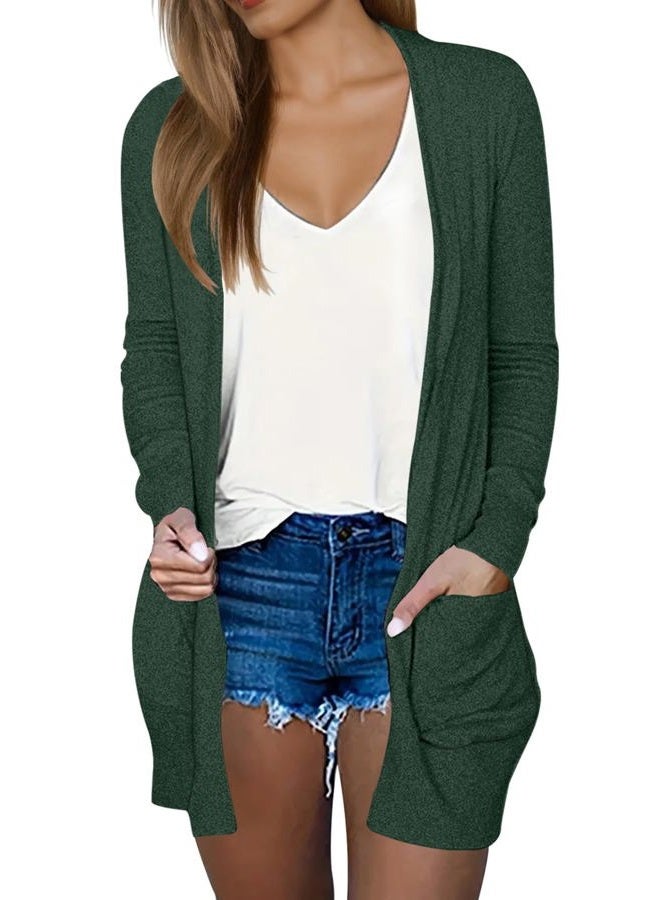 DB MOON Womens Long Cardigan 2025 Fall Lightweight Long Sleeve Open Front Sweater with Pockets, Dark Green, L - Image 1