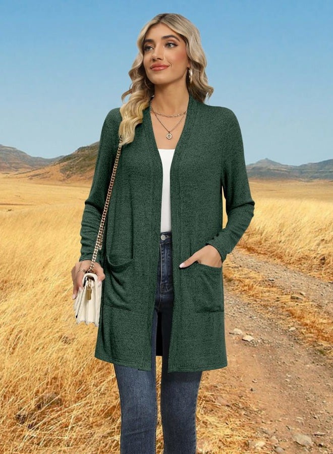 DB MOON Womens Long Cardigan 2025 Fall Lightweight Long Sleeve Open Front Sweater with Pockets, Dark Green, L - Image 3