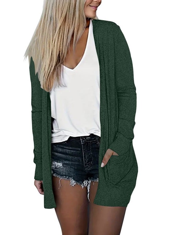 DB MOON Womens Long Cardigan 2025 Fall Lightweight Long Sleeve Open Front Sweater with Pockets, Dark Green, L - Image 2