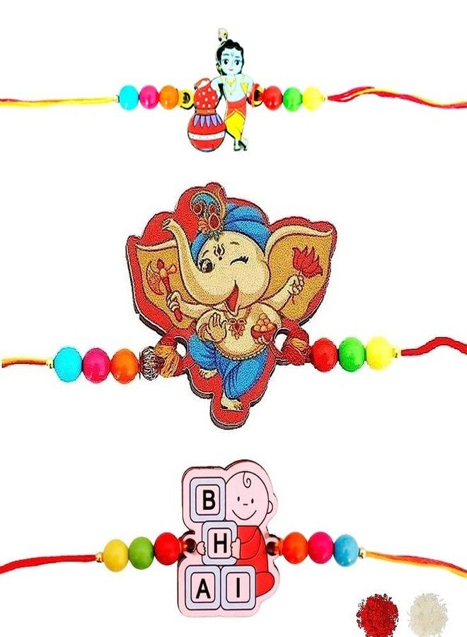 VR Creatives Rakhi for Kids Cartoons Carectores Bal Krishna and Bal Ganesha/Ganesh and Bhai With Tika set Pack of 3 Rakhi for brother - Image 1