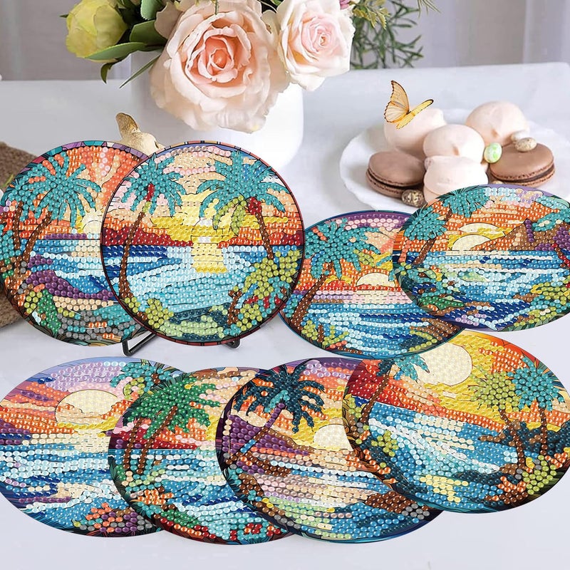 mrpwnle 8 Pack Diamond Art Coasters Kits, Beach Diamond Painting Coasters Kit Set with Holder Cork Pads, DIY Beach Diamonds Art Non Slip Coaster Crafts Kits for Adults Beginners Gifts - Image 2