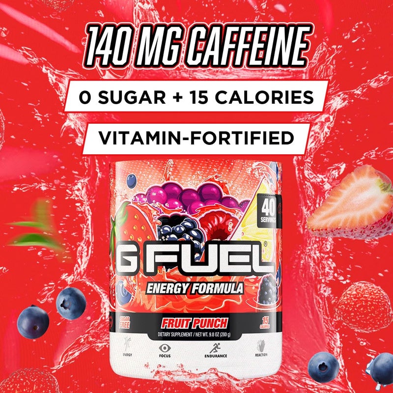 G Fuel Fruit Punch Energy Drink Powder, Pre Workout Caffeine Mix for Gaming, Sugar Free Focus Amino, Vitamin + Antioxidants, 9.9oz (Fruit Punch, 40 Servings) - Image 2