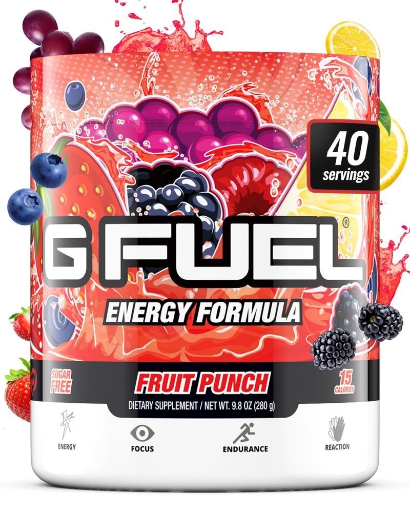 G Fuel Fruit Punch Energy Drink Powder, Pre Workout Caffeine Mix for Gaming, Sugar Free Focus Amino, Vitamin + Antioxidants, 9.9oz (Fruit Punch, 40 Servings) - Image 1
