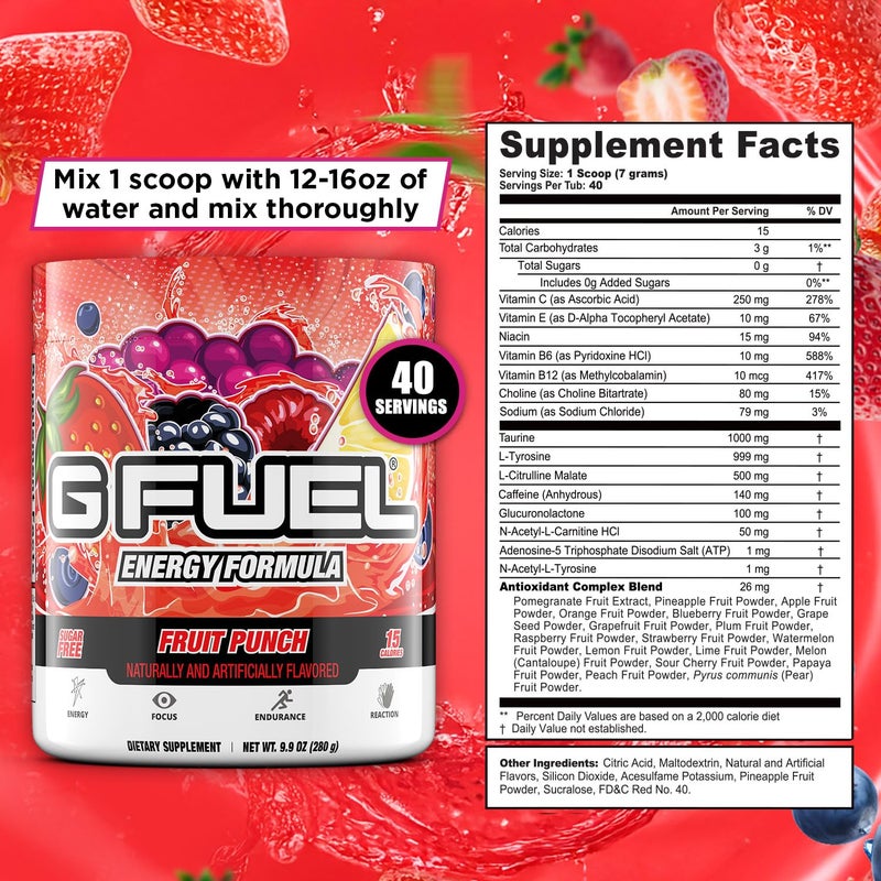 G Fuel Fruit Punch Energy Drink Powder, Pre Workout Caffeine Mix for Gaming, Sugar Free Focus Amino, Vitamin + Antioxidants, 9.9oz (Fruit Punch, 40 Servings) - Image 4