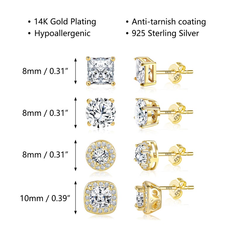 ALEXCRAFT Gold Plated Halo Stud Men's Earrings 925 Sterling Silver Earring with Cubic Zirconia, 14K Gold Round Square Diamond Stud Earrings Set for Women Men - Image 5