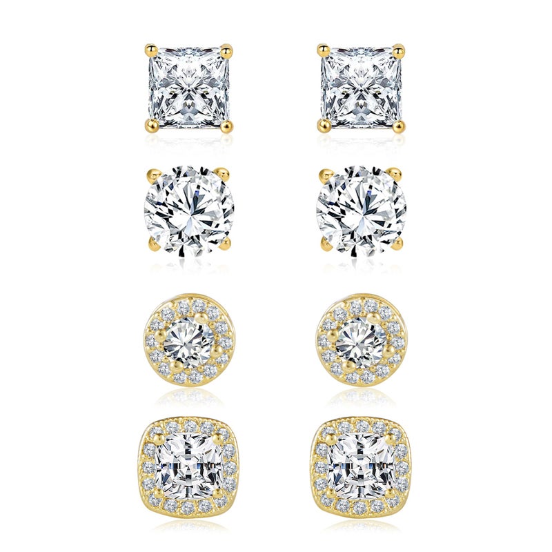ALEXCRAFT Gold Plated Halo Stud Men's Earrings 925 Sterling Silver Earring with Cubic Zirconia, 14K Gold Round Square Diamond Stud Earrings Set for Women Men - Image 1
