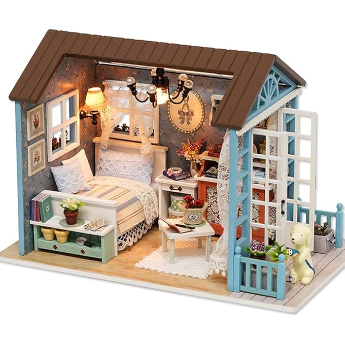 DIY Miniature House Kit, Miniature House Kit, DIY Miniature House Kits with Furniture and LED Lights, 3D Wooden Dolls House Kits to Build for Teens Adults Birthday Merry (Blue Time)