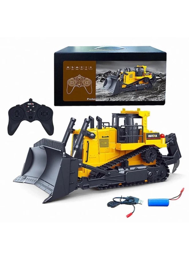 HUINA 1554 1:16 Scale Remote Control Heavy Duty Tracked Bulldozer Toy Truck, Yellow, with Lights and Sound