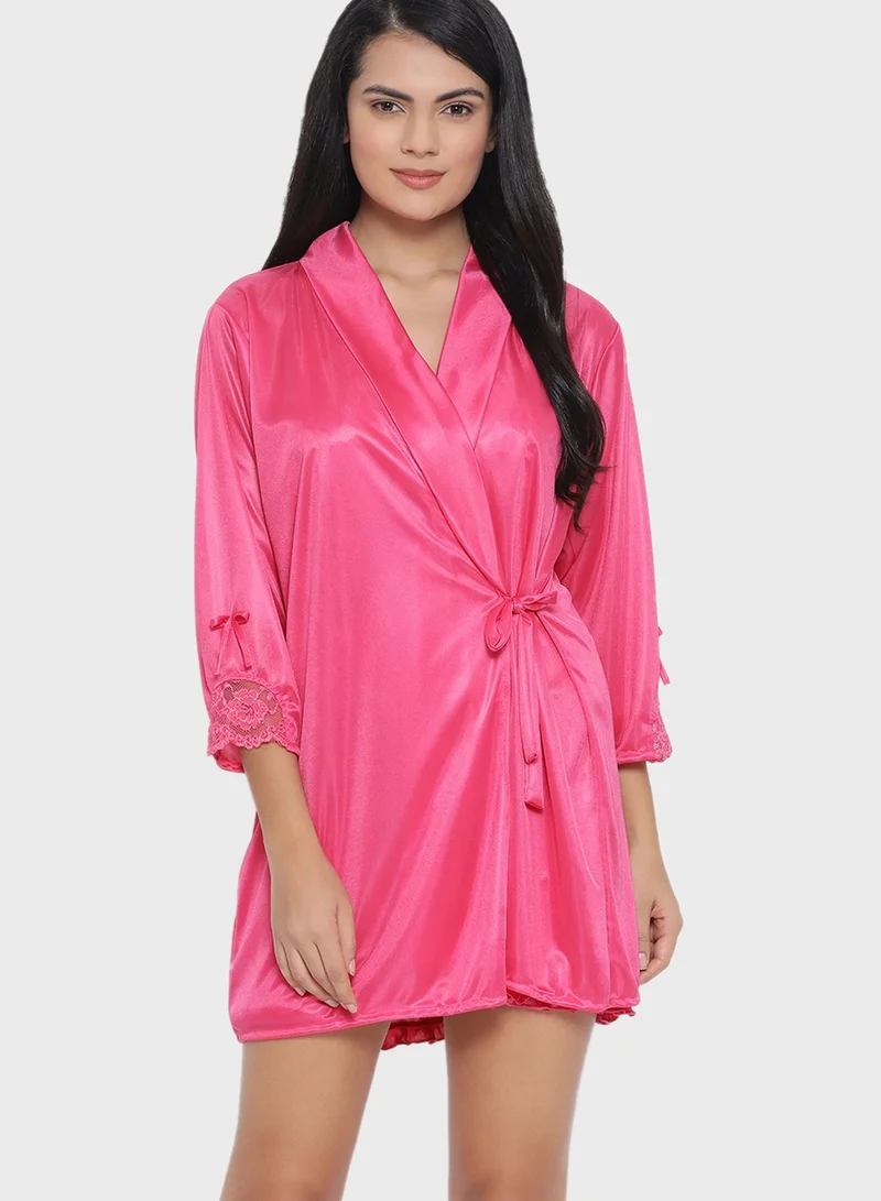 Clovia Short Bridal Night Dress with Robe - Satin & Lace