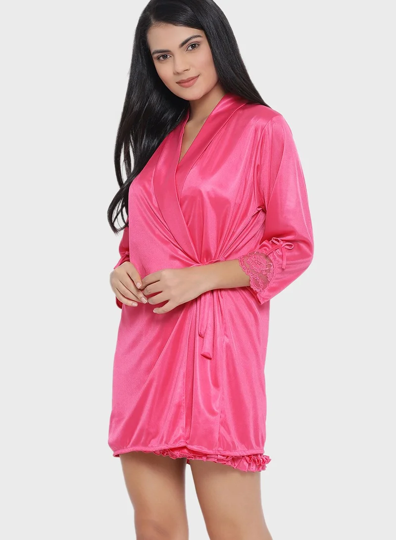 Clovia Short Bridal Night Dress with Robe - Satin & Lace