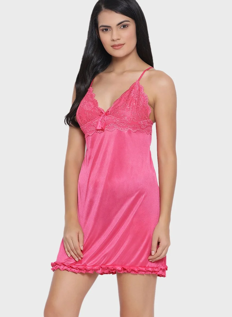 Clovia Short Bridal Night Dress with Robe - Satin & Lace