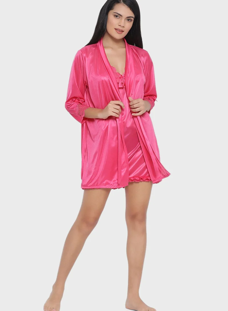 Clovia Short Bridal Night Dress with Robe - Satin & Lace