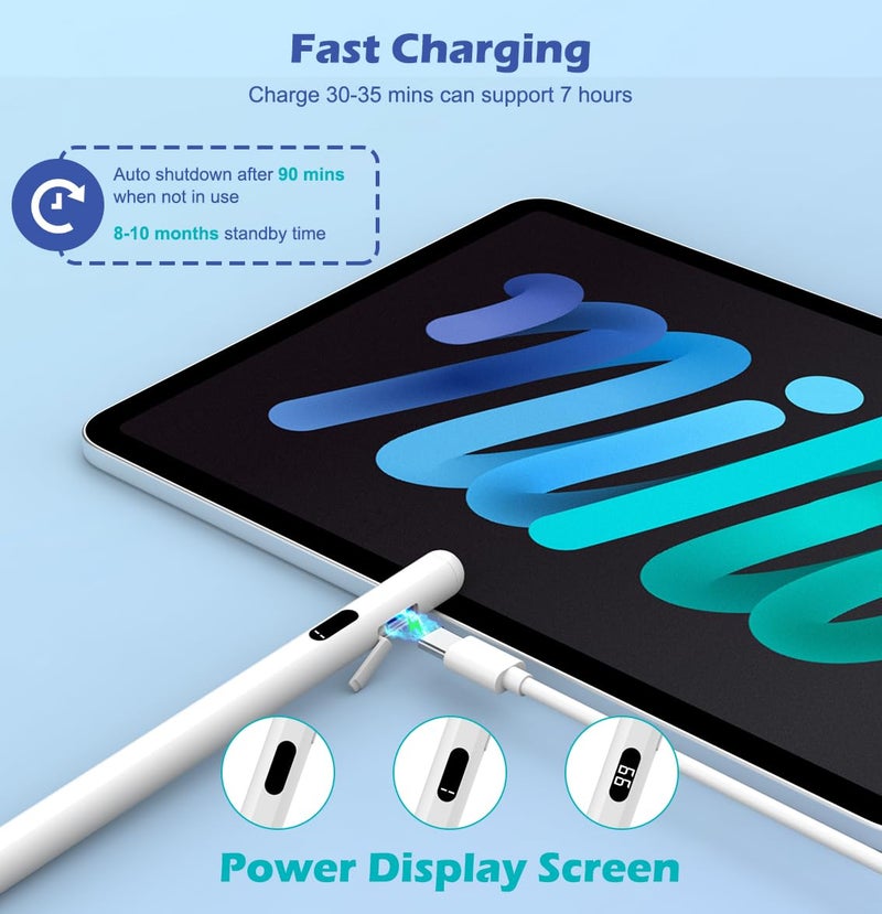 MoKo Stylus Pens for Touch Screens, Fast Charge Stylus Pen for Apple iPad/iPhone/Samsung/Lenovo/iOS/Android Tablets&Smart Phone Universal Stylus Capacitive Screen Pencil with Power Display, White - Image 3